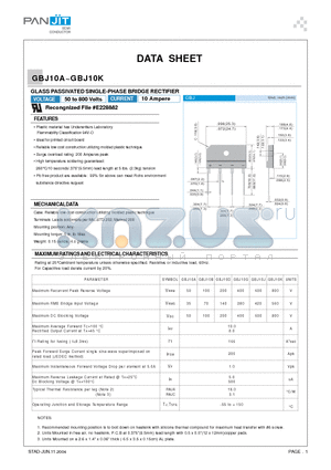 GBJ10B datasheet - GLASS PASSIVATED SINGLE-PHASE BRIDGE RECTIFIER