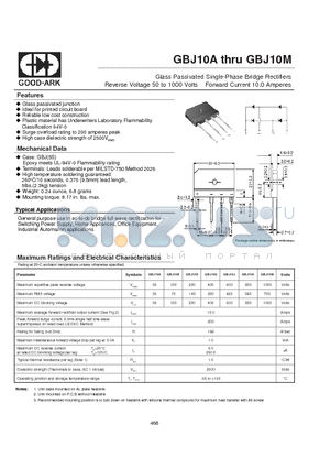 GBJ10B datasheet - Glass Passivated Single-Phase Bridge Rectifiers Reverse Voltage 50 to 1000 Volts Forward Current 10.0 Amperes