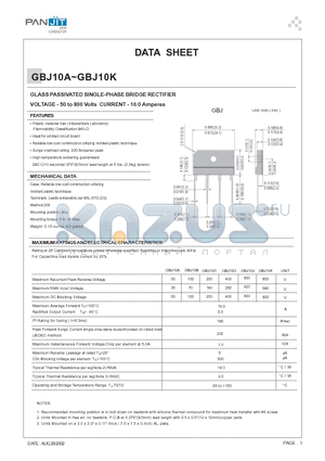 GBJ10J datasheet - GLASS PASSIVATED SINGLE-PHASE BRIDGE RECTIFIER(VOLTAGE - 50 to 800 Volts CURRENT - 10.0 Amperes)