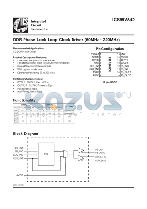 ICS95V842 datasheet - DDR Phase Lock Loop Clock Driver (60MHz - 220MHz)