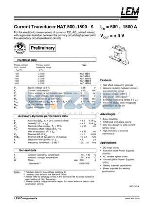 HAT1000-S datasheet - Current Transducer HAT 500~1500-S