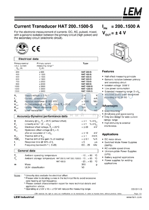HAT1000-S datasheet - Current Transducer