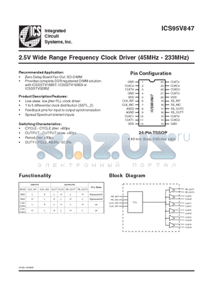 ICS95V847YGLF-T datasheet - 2.5V Wide Range Frequency Clock Driver (45MHz - 233MHz)