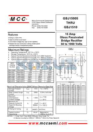 GBJ15005 datasheet - 15 Amp Glass Passivated Bridge Rectifier 50 to 1000 Volts