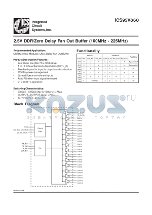 ICS95V860 datasheet - 2.5V DDR/Zero Delay Fan Out Buffer (100MHz - 225MHz)