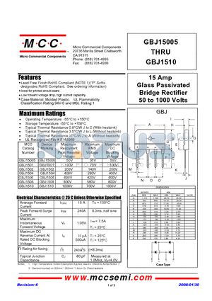 GBJ15005 datasheet - 15 Amp Glass Passivated Bridge Rectifier 50 to 1000 Volts