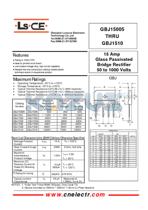 GBJ15005 datasheet - 15Amp glass passivated bridge rectifier 50to1000 volts