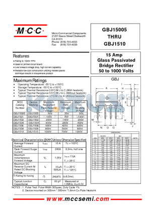 GBJ1501 datasheet - 15 Amp Glass Passivated Bridge Rectifier 50 to 1000 Volts