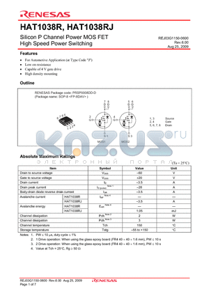 HAT1038R datasheet - Silicon P Channel Power MOS FET High Speed Power Switching