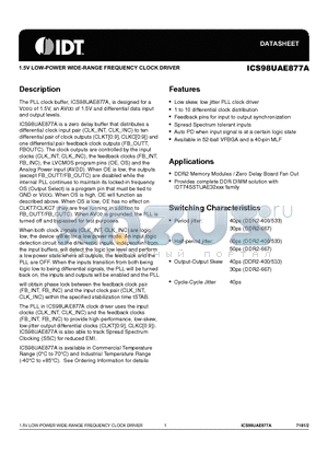 ICS98UAE877A datasheet - 1.5V LOW-POWER WIDE-RANGE FREQUENCY CLOCK DRIVER