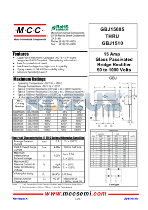 GBJ1502 datasheet - 15 Amp Glass Passivated Bridge Rectifier 50 to 1000 Volts