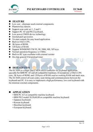 EC3648 datasheet - PS2 KEYBOARD CONTROLLER