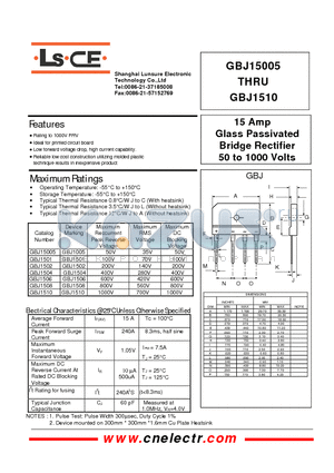 GBJ1504 datasheet - 15Amp glass passivated bridge rectifier 50to1000 volts