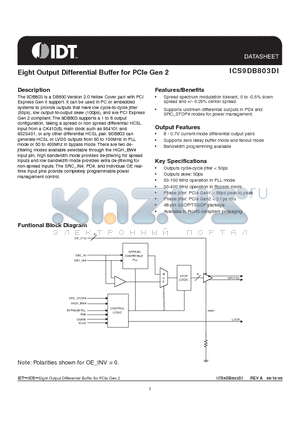 ICS9DB803DGILFT datasheet - Eight Output Differential Buffer for PCIe Gen 2