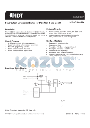 ICS9DB403D datasheet - Four Output Differential Buffer for PCIe Gen 1 and Gen 2
