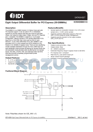 ICS9DB801C datasheet - Eight Output Differential Buffer for PCI Express (50-200MHz)