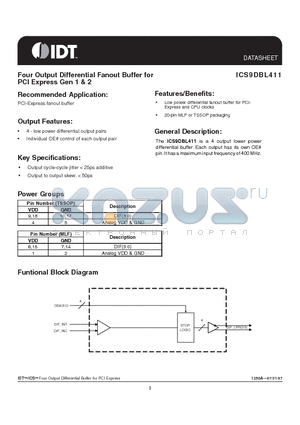 ICS9DBL411 datasheet - Four Output Differential Fanout Buffer for PCI Express Gen 1 & 2