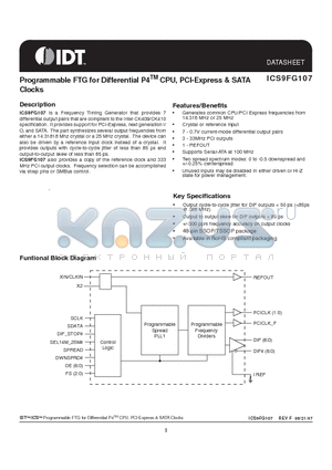 ICS9FG107YFLFT datasheet - Programmable FTG for Differential P4TM CPU, PCI-Express & SATA Clocks