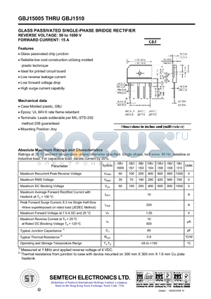 GBJ1508 datasheet - GLASS PASSIVATED SINGLE-PHASE BRIDGE RECTIFIER