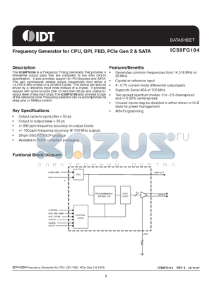 ICS9FG104YGLFT datasheet - Frequency Generator for CPU, QPI, FBD, PCIe Gen 2 & SATA