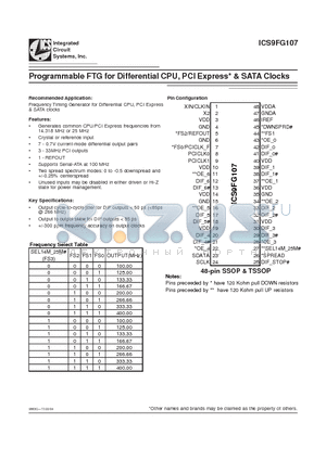 ICS9FG107 datasheet - Programmable FTG for Differential CPU, PCI Express & SATA Clocks