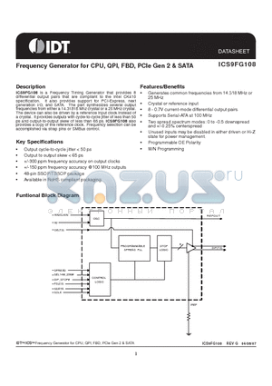 ICS9FG108YFLF-T datasheet - Frequency Generator for CPU, QPI, FBD, PCIe Gen 2 & SATA
