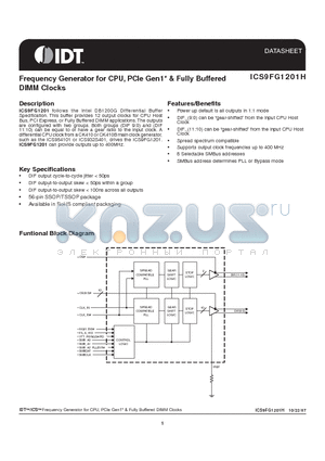 ICS9FG1201H datasheet - Frequency Generator for CPU, PCIe Gen1 & Fully Buffered DIMM Clocks