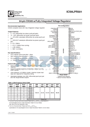 ICS9LPR501 datasheet - 64-pin CK505 w/Fully Integrated Voltage Regulator