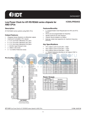 ICS9LPRS462 datasheet - Low Power Clock for ATI RS/RD600 series chipsets for AMD CPUs