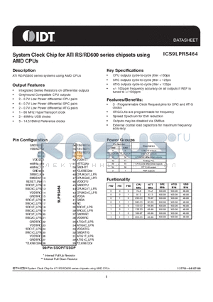 ICS9LPRS464 datasheet - System Clock Chip for ATI RS/RD600 series chipsets using AMD CPUs