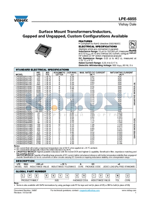 LPE6855_12 datasheet - Surface Mount Transformers/Inductors,Gapped and Ungapped, Custom Configurations Available