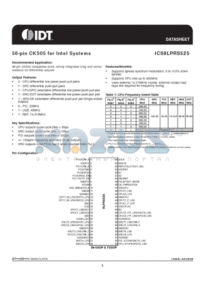 ICS9LPRS525 datasheet - 56-pin CK505 for Intel Systems