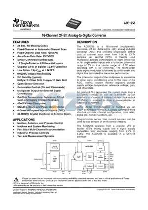 ADS1258IRTCR datasheet - 16-Channel, 24-Bit Analog-to-Digital Converter