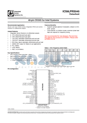 ICS9LPRS545 datasheet - 48-pin CK505 for Intel Systems