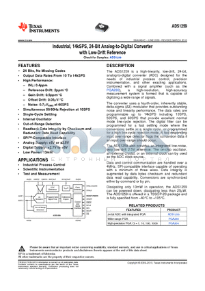 ADS1259 datasheet - Industrial, 14kSPS, 24-Bit Analog-to-Digital Converter with Low-Drift Reference