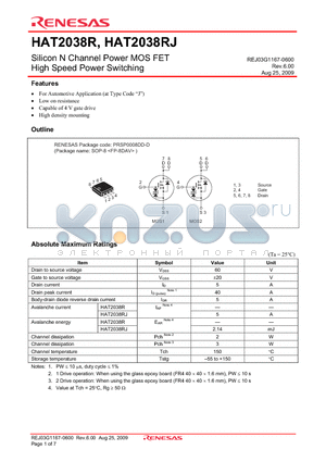 HAT2038R-EL-E datasheet - Silicon N Channel Power MOS FET High Speed Power Switching