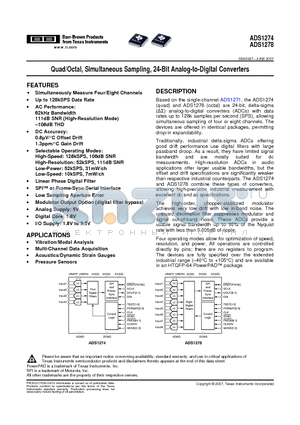 ADS1274IPAPRG4 datasheet - Quad/Octal, Simultaneous Sampling, 24-Bit Analog-to-Digital Converters