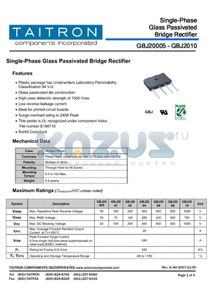 GBJ20005 datasheet - Single-Phase Glass Passivated Bridge Rectifier