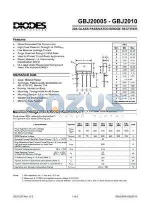 GBJ20005 datasheet - 20A GLASS PASSIVATED BRIDGE RECTIFIER