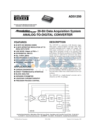 ADS1250 datasheet - 20-Bit Data Acquisition System ANALOG-TO-DIGITAL CONVERTER