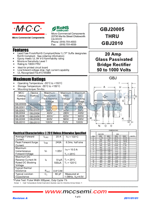 GBJ20005 datasheet - 20 Amp Glass Passivated Bridge Rectifier 50 to 1000 Volts