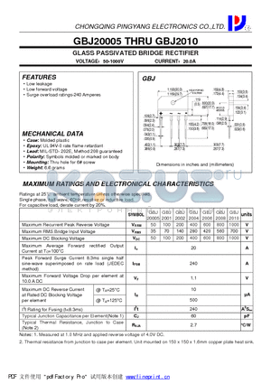 GBJ2001 datasheet - GLASS PASSIVATED BRIDGE RECTIFIER