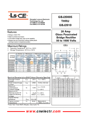GBJ2001 datasheet - 20Amp glass passivated bridge rectifier 50to1000 volts