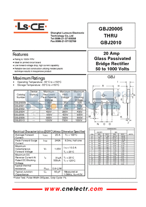 GBJ2002 datasheet - 20Amp glass passivated bridge rectifier 50to1000 volts