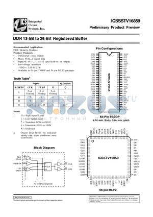 ICSSSTV16859YK datasheet - DDR 13-Bit to 26-Bit Registered Buffer