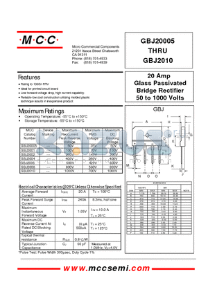 GBJ2006 datasheet - 20 Amp Glass Passivated Bridge Rectifier 50 to 1000 Volts