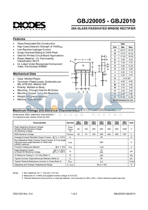 GBJ2008 datasheet - 20A GLASS PASSIVATED BRIDGE RECTIFIER