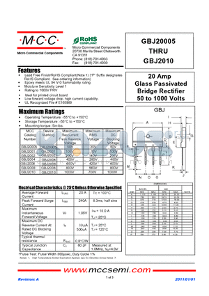 GBJ2008 datasheet - 20 Amp Glass Passivated Bridge Rectifier 50 to 1000 Volts