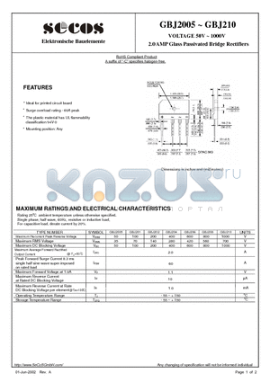 GBJ201 datasheet - 2.0AMP Glass Passivated Bridge Rectifiers