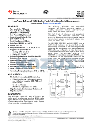 ADS1291 datasheet - Low-Power, 2-Channel, 24-Bit Analog Front-End for Biopotential Measurements